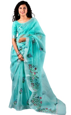 sarvagya Embroidered Kota Doria Cotton Blend Saree(Light Blue)