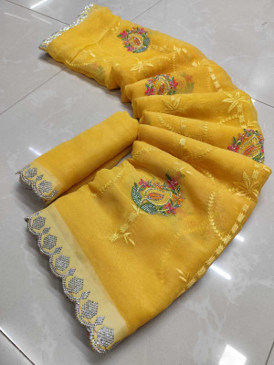 Sareez House Embroidered Bollywood Chiffon Saree(Yellow)