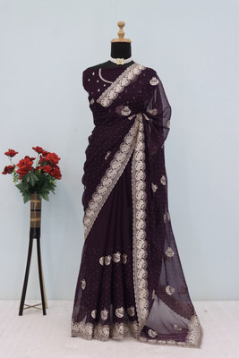 Dk Trendz Embroidered Bollywood Organza Saree(Purple)