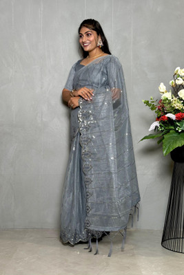 JP STORESS Embroidered Bollywood Net Saree(Grey)