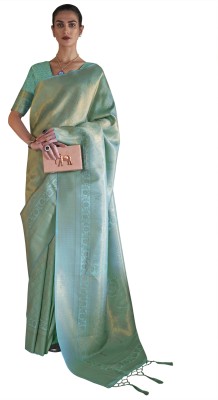 Akhilam Embroidered Kanjivaram Silk Blend Saree(Light Green)