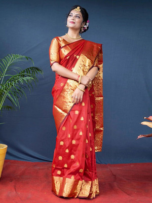 AAGRAHI FASHION Woven Kanjivaram Jacquard, Art Silk Saree(Red)