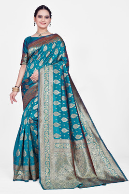 SHRIMAY Printed Bollywood Cotton Blend Saree(Blue)