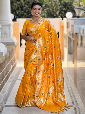 Nayanthara Trends Woven Bollywood Silk Blend Saree(Yellow)