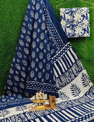 DASTKARPRINT Printed, Color Block, Blocked Printed, Floral Print Daily Wear Pure Cotton Saree(Blue)