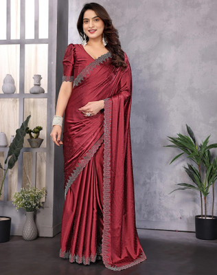 YASHIKA Embellished Bollywood Satin Saree(Maroon)