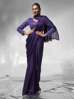 Kalista Solid/Plain, Embellished Bollywood Chiffon Saree(Purple)