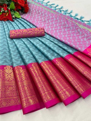 Radhe designer Self Design Kanjivaram Silk Blend, Cotton Silk Saree(Light Blue)