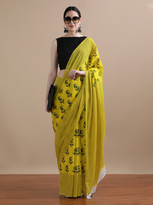 Jaipur Kurti Printed Daily Wear Pure Cotton Saree(Yellow)