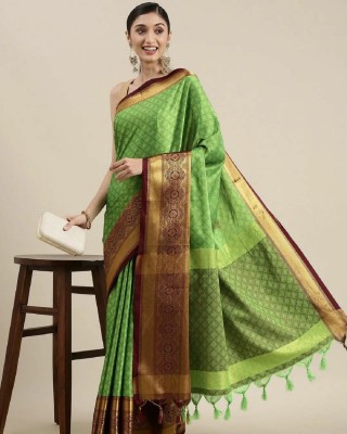 A To Z Cart Woven Kanjivaram Cotton Silk Saree(Green, Brown)