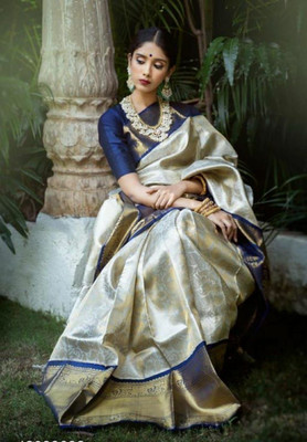 UNIVERSAL DESIGNER STUDIO Self Design Banarasi Jacquard Saree(Blue)