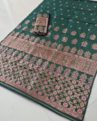 BHAGVATITEXTILE Woven Mekhela Chador Pure Silk Saree(Dark Green)