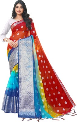 KOTHARI SST Solid/Plain Bandhani Organza Saree(Blue)