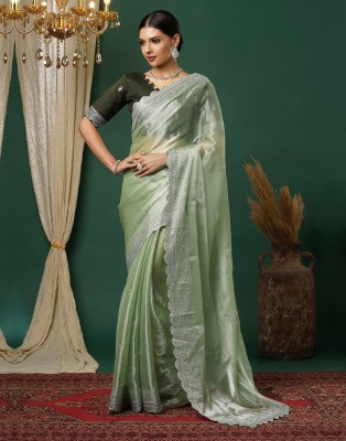 Samah Embellished, Embroidered Bollywood Tussar Silk Saree(Light Green, Silver)