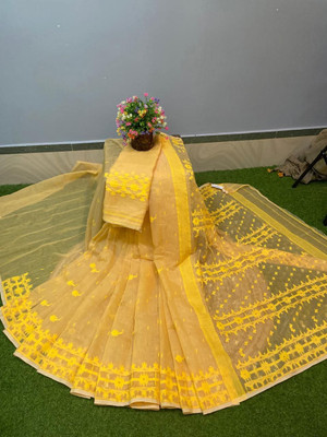 SimaGarments Woven, Temple Border Jamdani Cotton Silk Saree(Yellow)