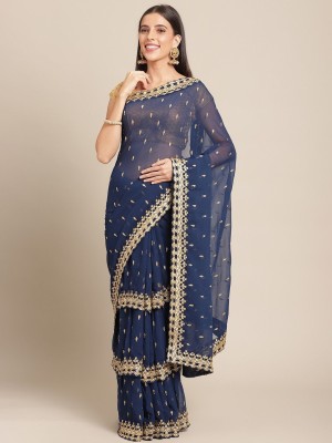 ANOUK Embroidered Chanderi Georgette Saree(Blue)