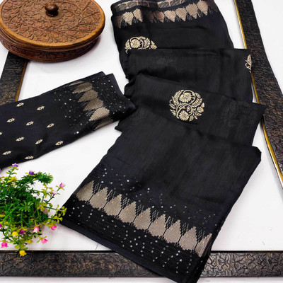 Peachmode Printed, Embroidered, Embellished Bollywood Silk Blend Saree(Black)