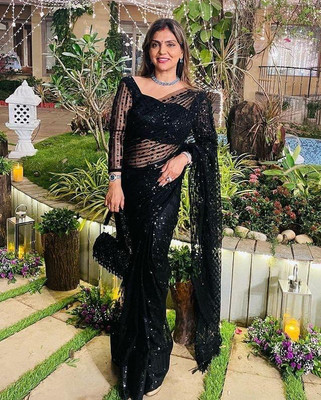 TIRTHFASHION Embroidered Daily Wear Net Saree(Black)