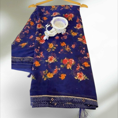 Majisasari Printed Bandhani Chiffon Saree(Dark Blue)