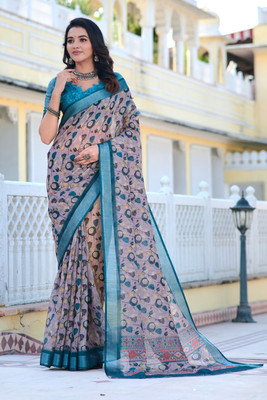 erika Printed Daily Wear Cotton Linen Saree(Green, Beige)