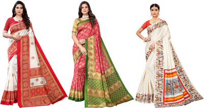 YASHIKA Printed Bhagalpuri Art Silk Saree(Pack of 3, Red, Pink, Cream)