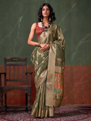 Sareemall Woven Paithani Tissue Saree(Green)