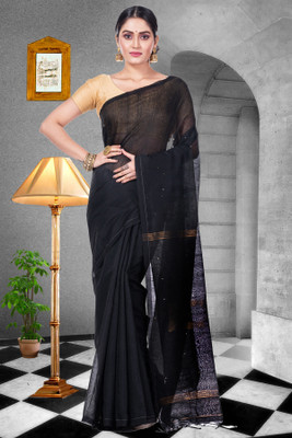PuJoy Solid/Plain, Woven Handloom Cotton Blend Saree(Black)