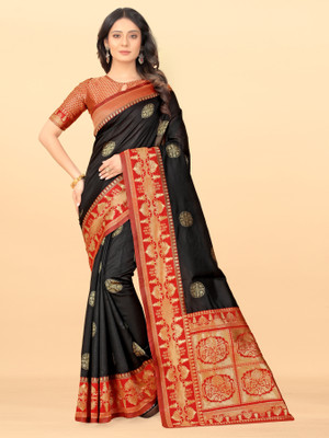 VASTUKALA Woven Kanjivaram Pure Silk, Art Silk Saree(Black, Red)