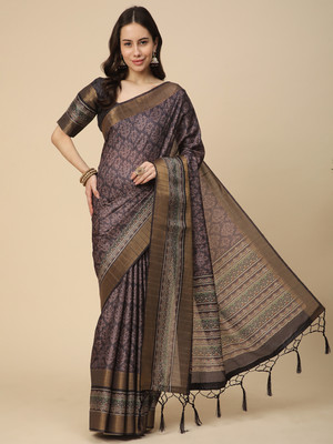 RATAN Printed Saree with Attached Blouse Art Silk Saree(Purple)