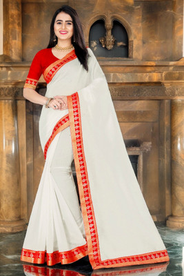 Volmina Solid/Plain Chanderi Cotton Blend Saree(Cream)