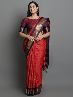 yourwish Checkered, Embellished, Self Design, Striped, Woven Mysore Cotton Silk, Jacquard Saree(Red, Black, Gold)