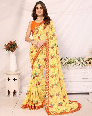 Divastri Printed Bandhani Georgette, Lace Saree(Yellow)