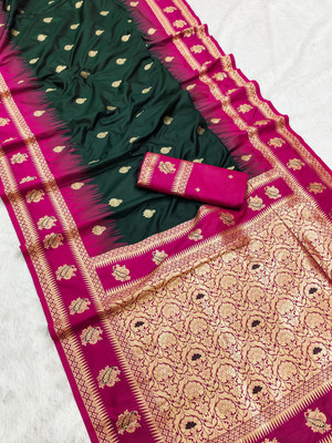 fospy Woven Banarasi Jacquard, Pure Silk Saree(Dark Green)