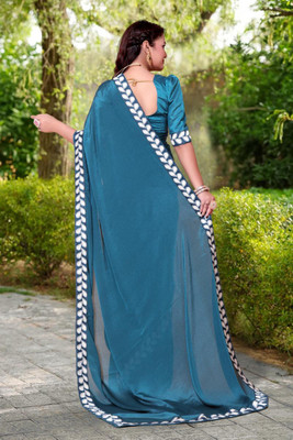 LAVYANSH CREATION Embroidered, Woven, Solid/Plain Bollywood Georgette Saree(Blue)