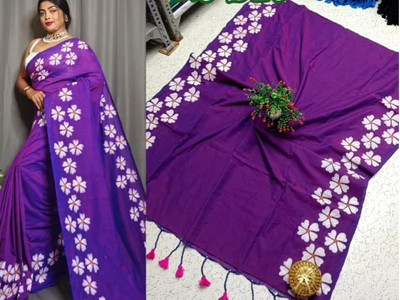 Shubharam Floral Print, Printed Bollywood Linen, Cotton Blend Saree(Purple)