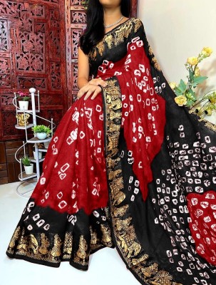 HouseOfCommon Hand Painted, Self Design Bandhani Art Silk, Jacquard Saree(Maroon, Black)