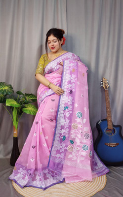 ANU INDIAN FASHION Woven Jamdani Cotton Silk Saree(Pink, White)