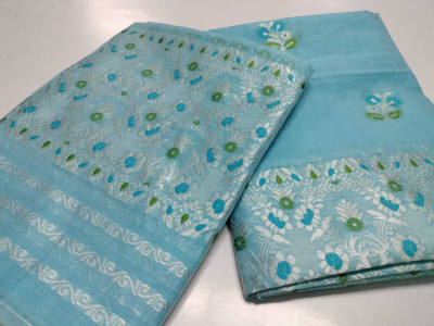 Divine Fabrics Woven Mekhela Chador Cotton Blend Saree(Light Blue)
