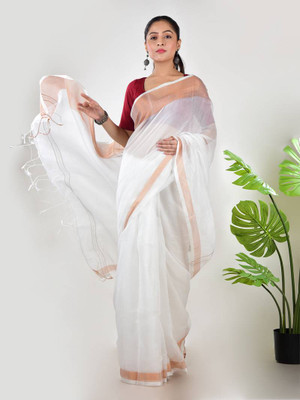 Shaw Creation Self Design Handloom Handloom Linen Saree(White)
