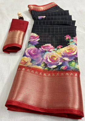 RegalDrapes Printed Bollywood Silk Blend, Art Silk Saree(Black)