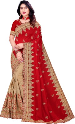 Elieslura Embroidered Bollywood Cotton Blend Saree(Red, Gold)