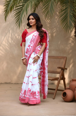 ADIVASI SHOP Solid/Plain Handloom Cotton Blend Saree(White, Red)