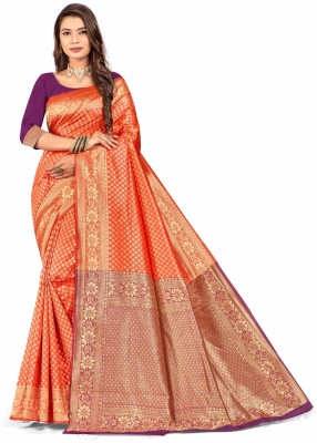 SJ ALBATROSS Printed Banarasi Jacquard, Silk Blend Saree(Orange)