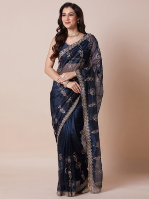 Sareemall Embroidered Bollywood Net Saree(Dark Blue)