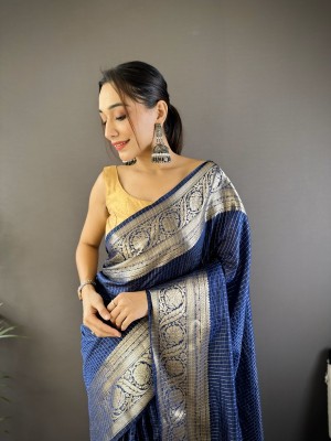 HAMOFY Striped Banarasi Nylon, Viscose Rayon Saree(Blue)