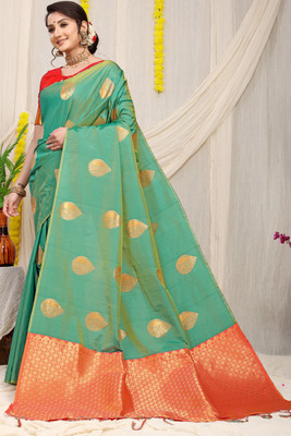 sarjan creation Self Design Kanjivaram Jacquard Saree(Light Green)