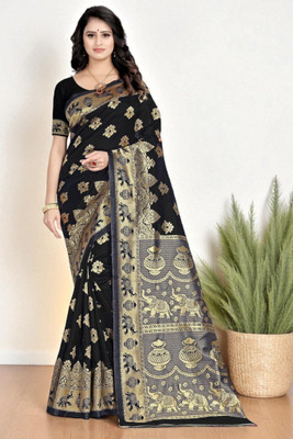 LERYZA Woven Banarasi Jacquard Saree(Black)