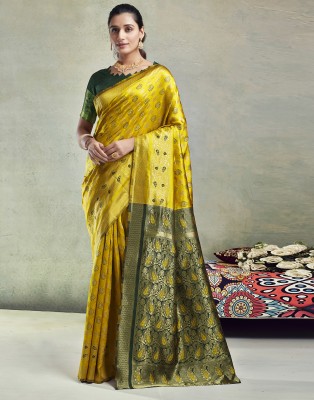 Samah Woven, Self Design Banarasi Art Silk Saree(Yellow, Dark Green, Gold)