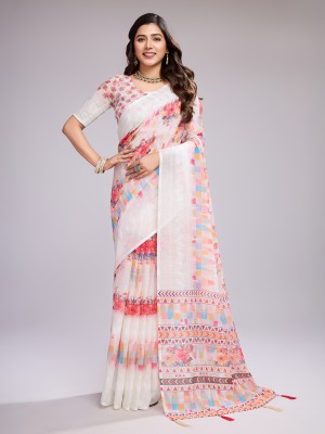 SHRIMAY Digital Print, Floral Print Bollywood Cotton Linen Saree(Multicolor, White)