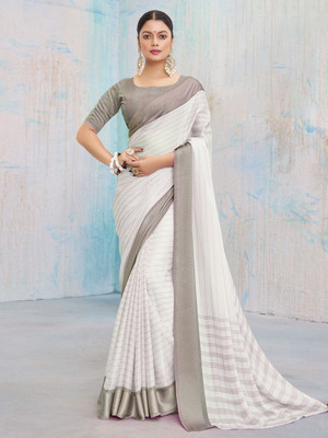 ANOUK Striped Banarasi Chiffon Saree(White)